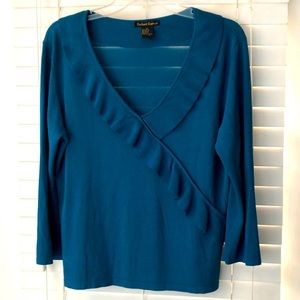 Sydney Easton Top SZ XL V Neck Ruffle Green Blue